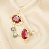 Crimson Ruby & Pearl Drop Earrings