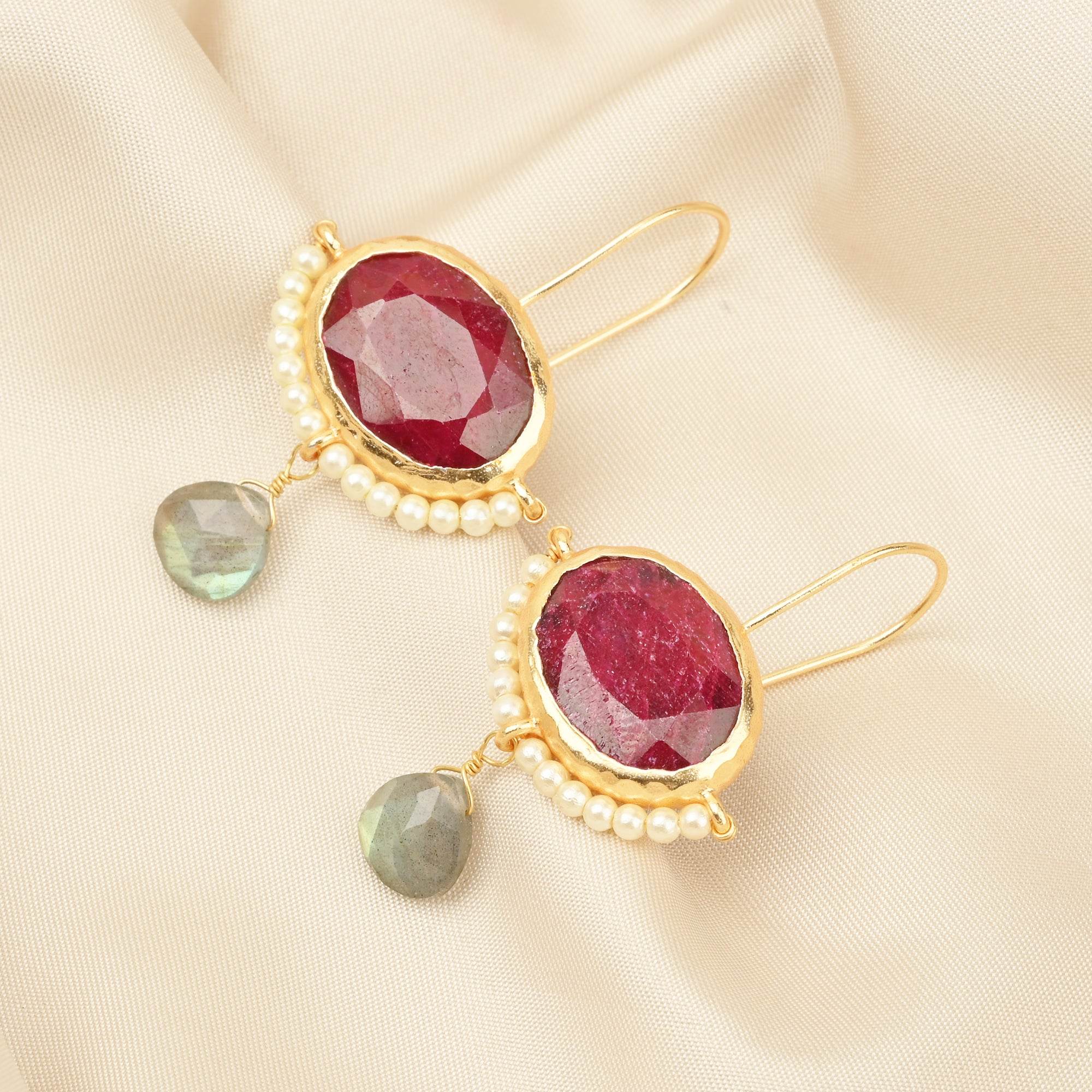 Crimson Ruby & Pearl Drop Earrings