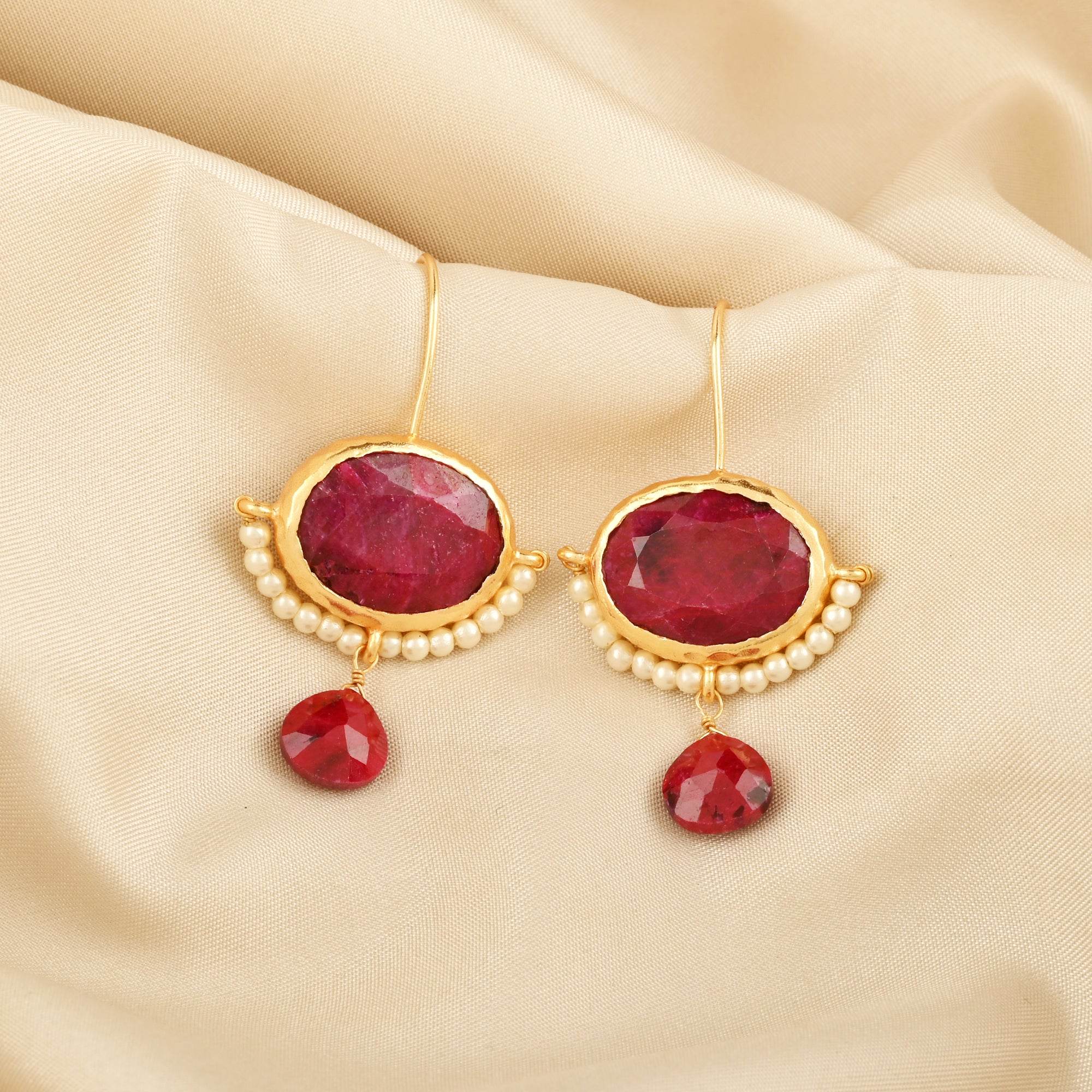 Crimson Ruby & Pearl Drop Earrings