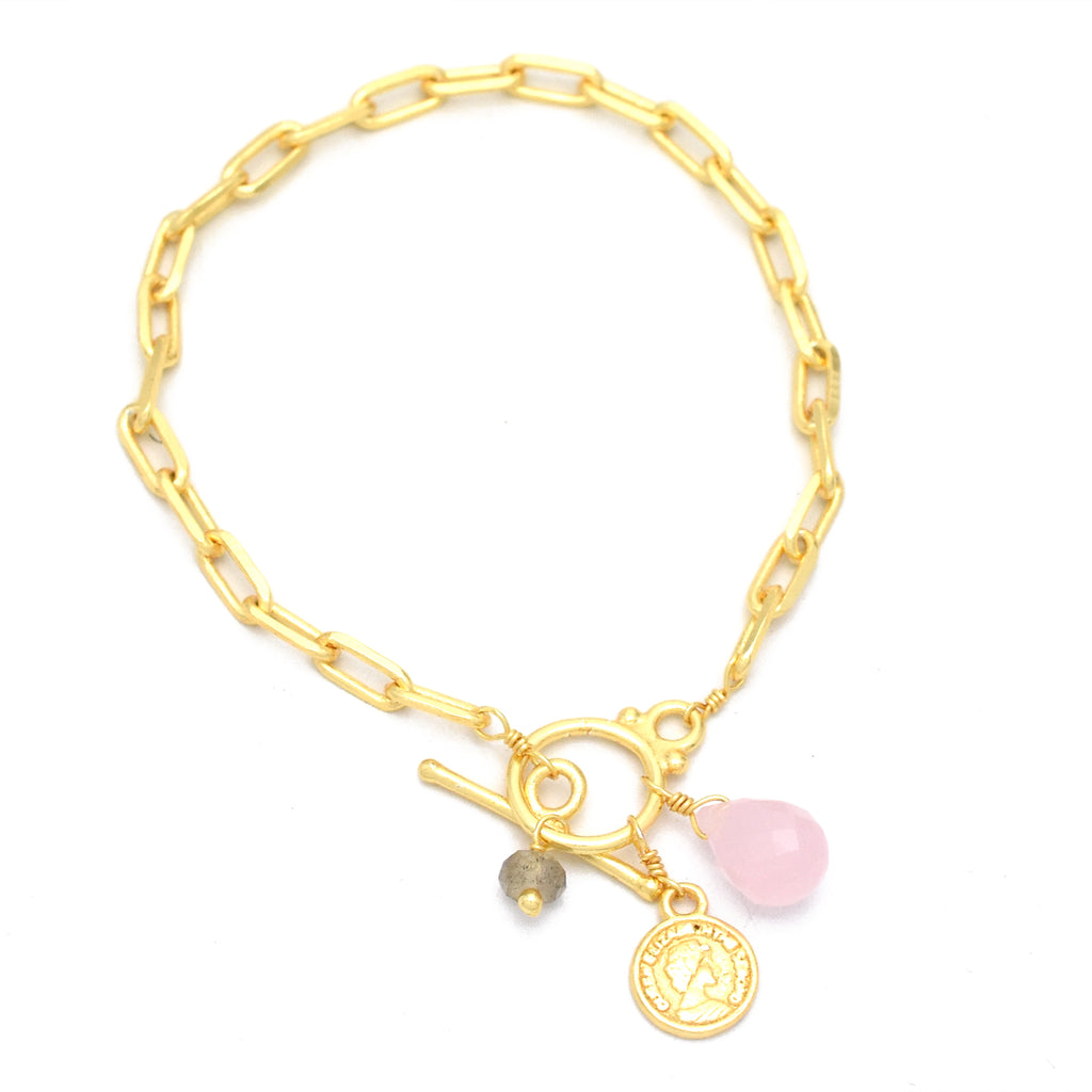 Gold Toggle Charm Bracelet with Rose Quartz