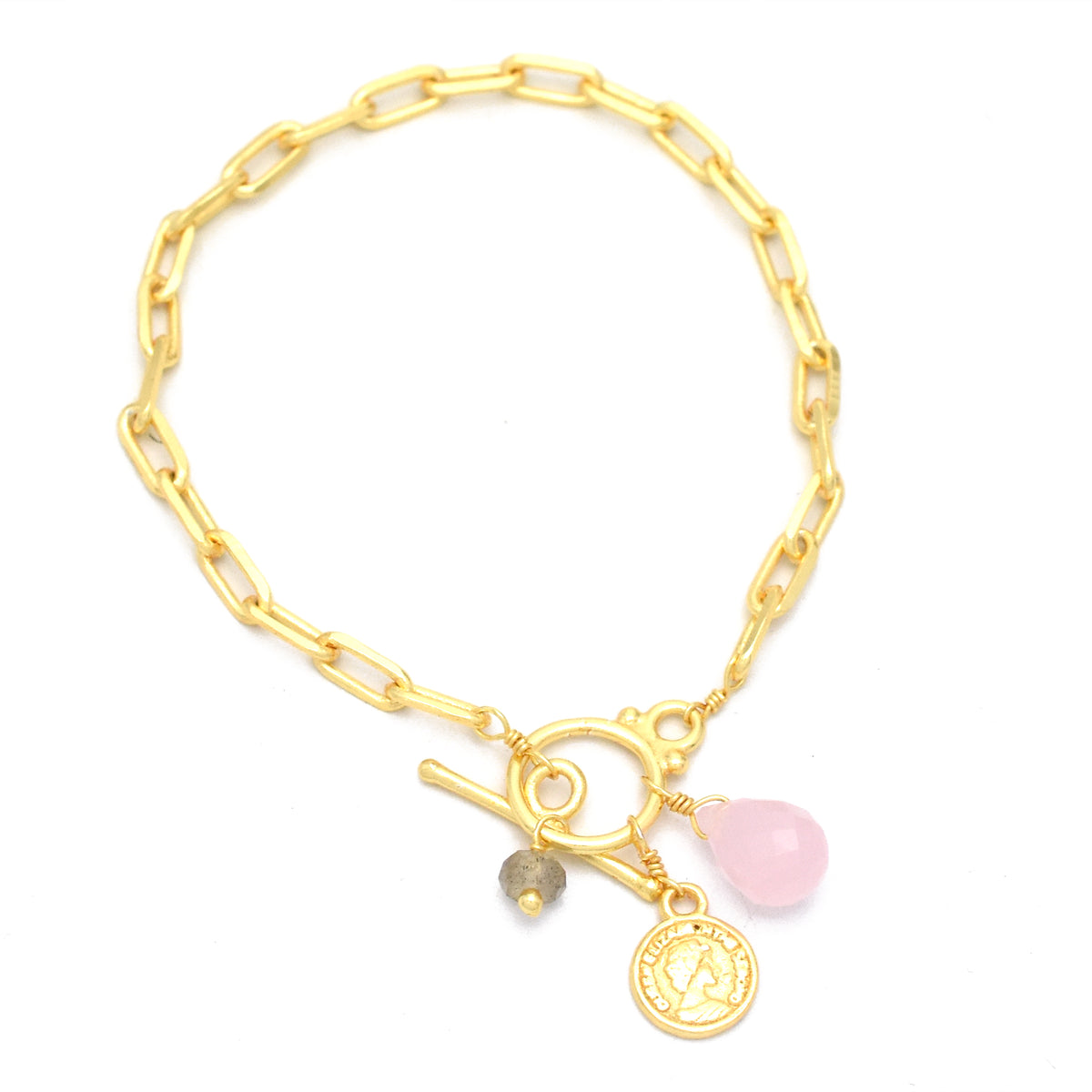 Gold Toggle Charm Bracelet with Rose Quartz