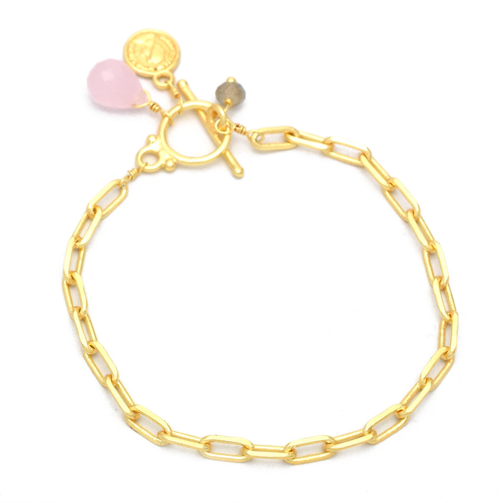 Gold Toggle Charm Bracelet with Rose Quartz