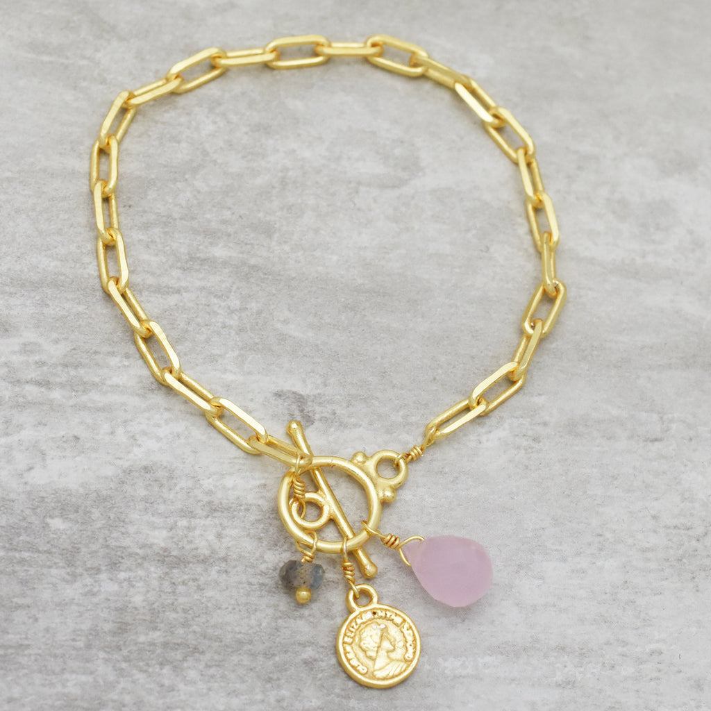 Gold Toggle Charm Bracelet with Rose Quartz