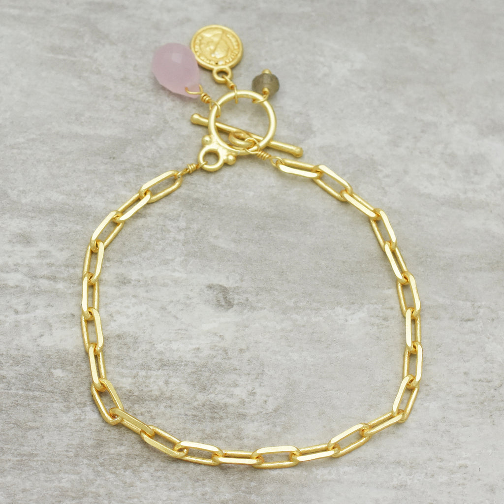 Gold Toggle Charm Bracelet with Rose Quartz