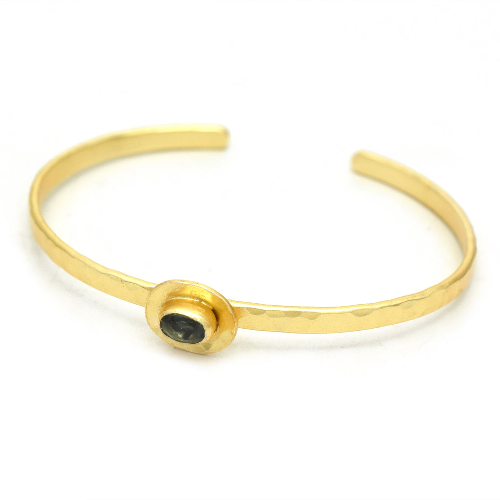 Hammered Gold Solitaire Cuff with Smokey Gemstone
