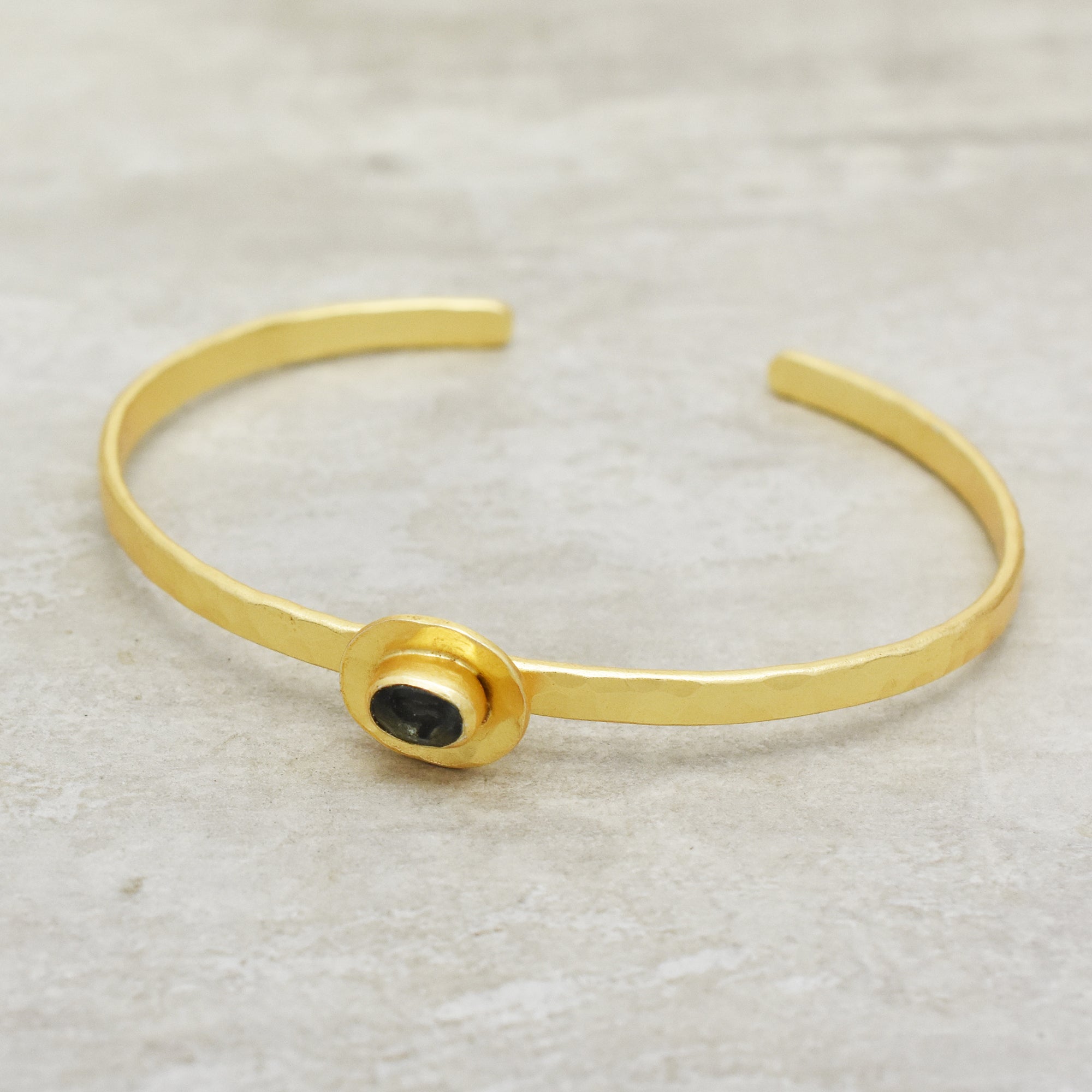 Hammered Gold Solitaire Cuff with Smokey Gemstone