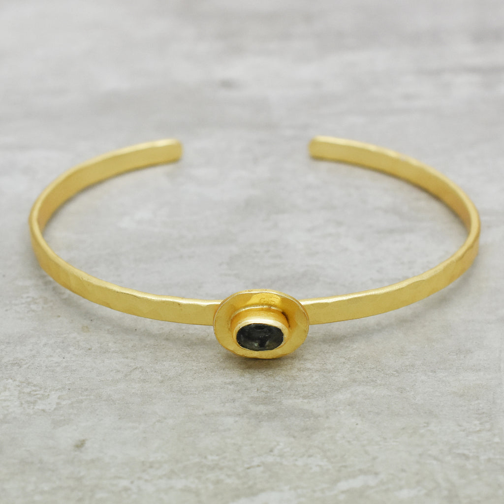Hammered Gold Solitaire Cuff with Smokey Gemstone