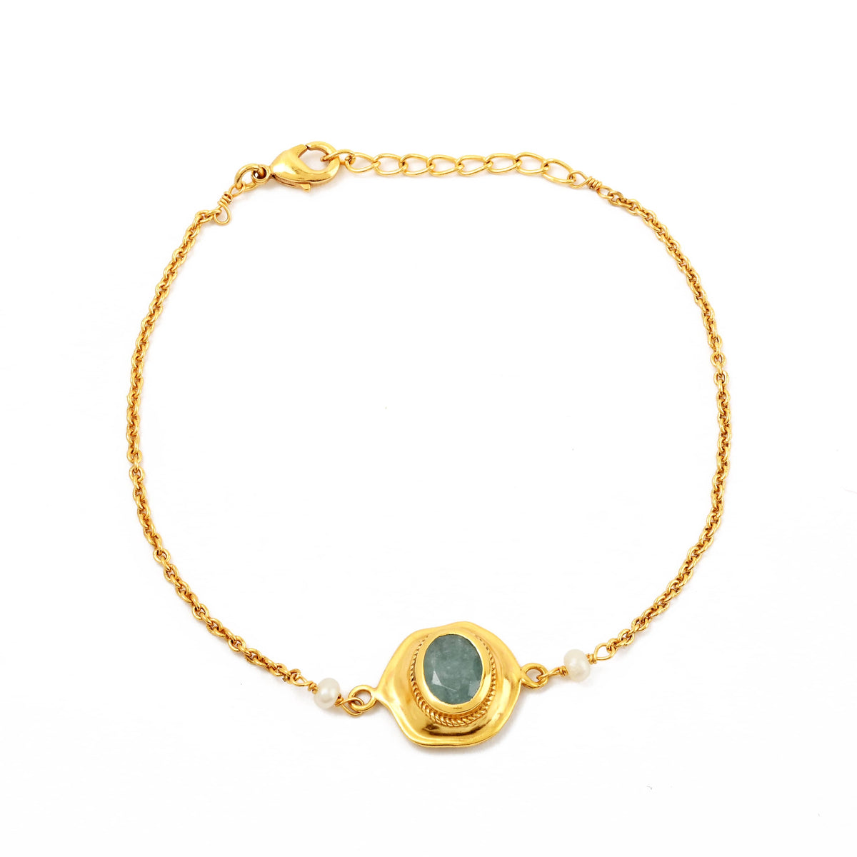 Gold Aquamarine Gemstone & Pearl Chain Bracelet
