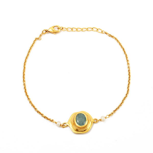 Gold Aquamarine Gemstone & Pearl Chain Bracelet