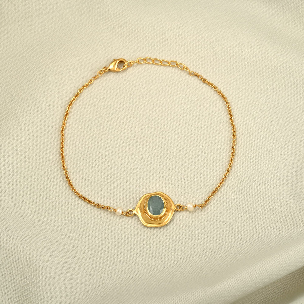 Gold Aquamarine Gemstone & Pearl Chain Bracelet