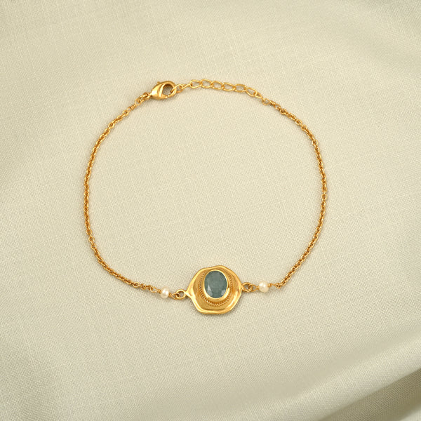 Gold Aquamarine Gemstone & Pearl Chain Bracelet