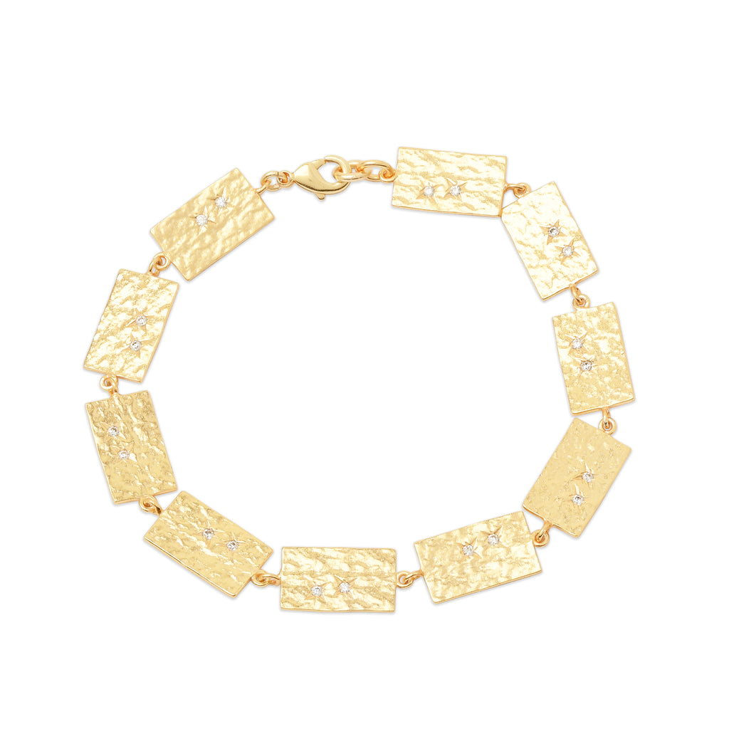 Gold Hammered Link Bracelet – Rectangular Chain with White CZ Accents