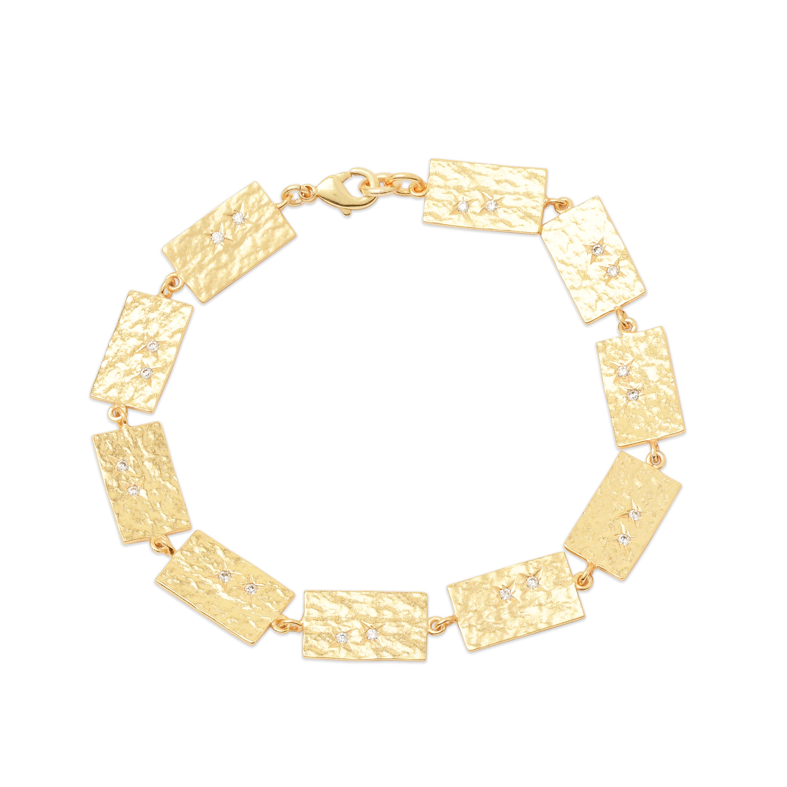 Gold Hammered Link Bracelet – Rectangular Chain with White CZ Accents