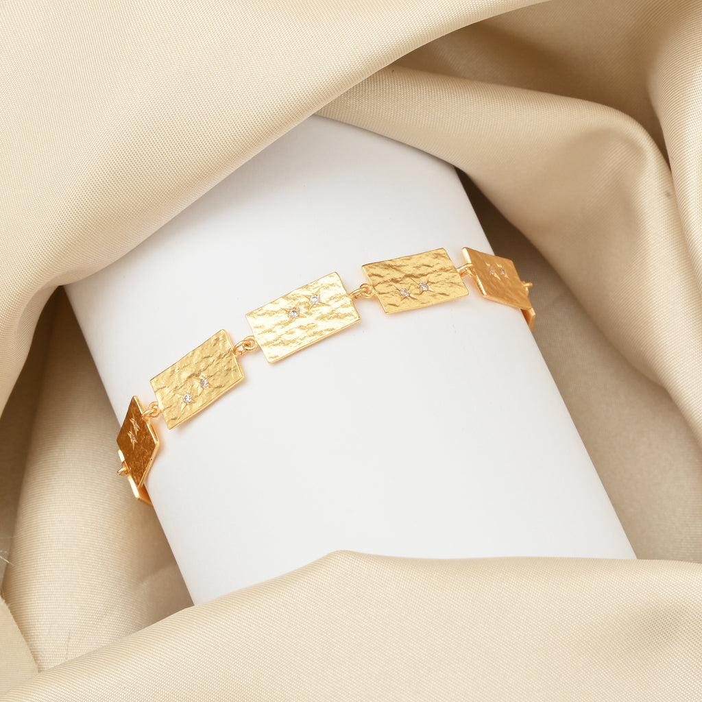 Gold Hammered Link Bracelet – Rectangular Chain with White CZ Accents