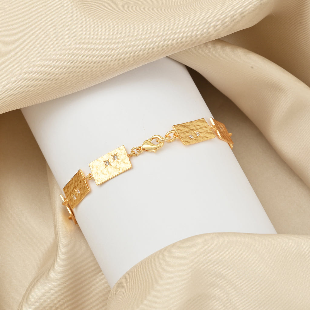 Gold Hammered Link Bracelet – Rectangular Chain with White CZ Accents