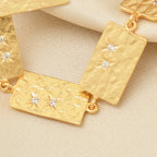 Gold Hammered Link Bracelet – Rectangular Chain with White CZ Accents
