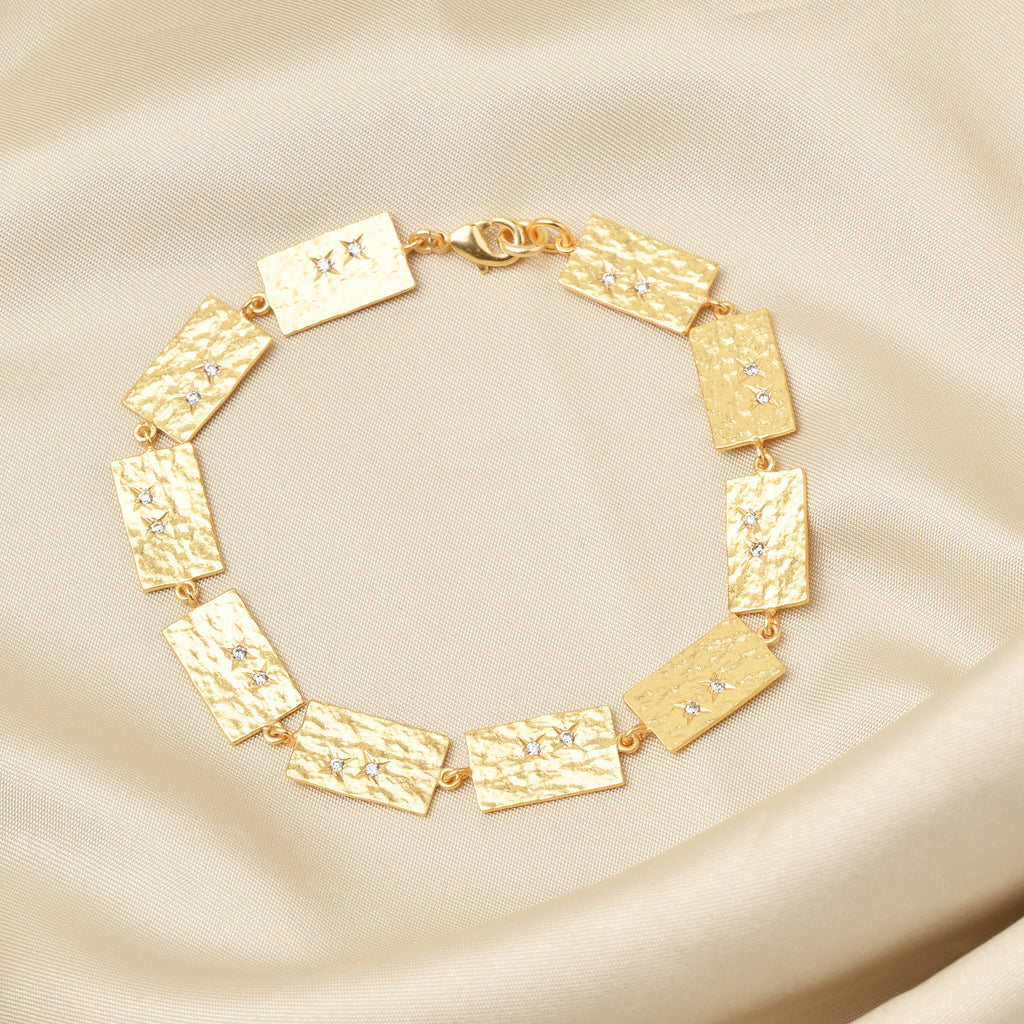 Gold Hammered Link Bracelet – Rectangular Chain with White CZ Accents