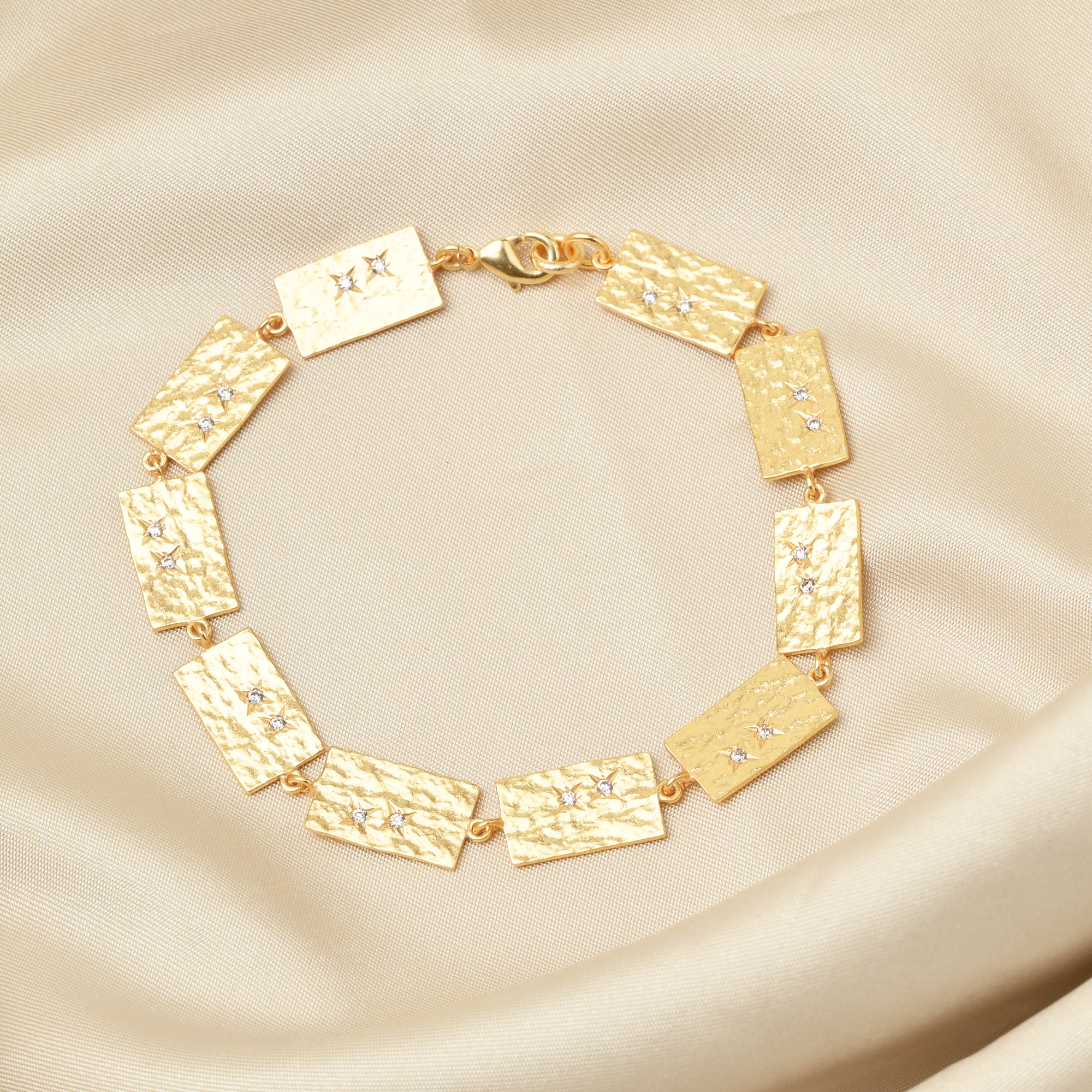 Gold Hammered Link Bracelet – Rectangular Chain with White CZ Accents