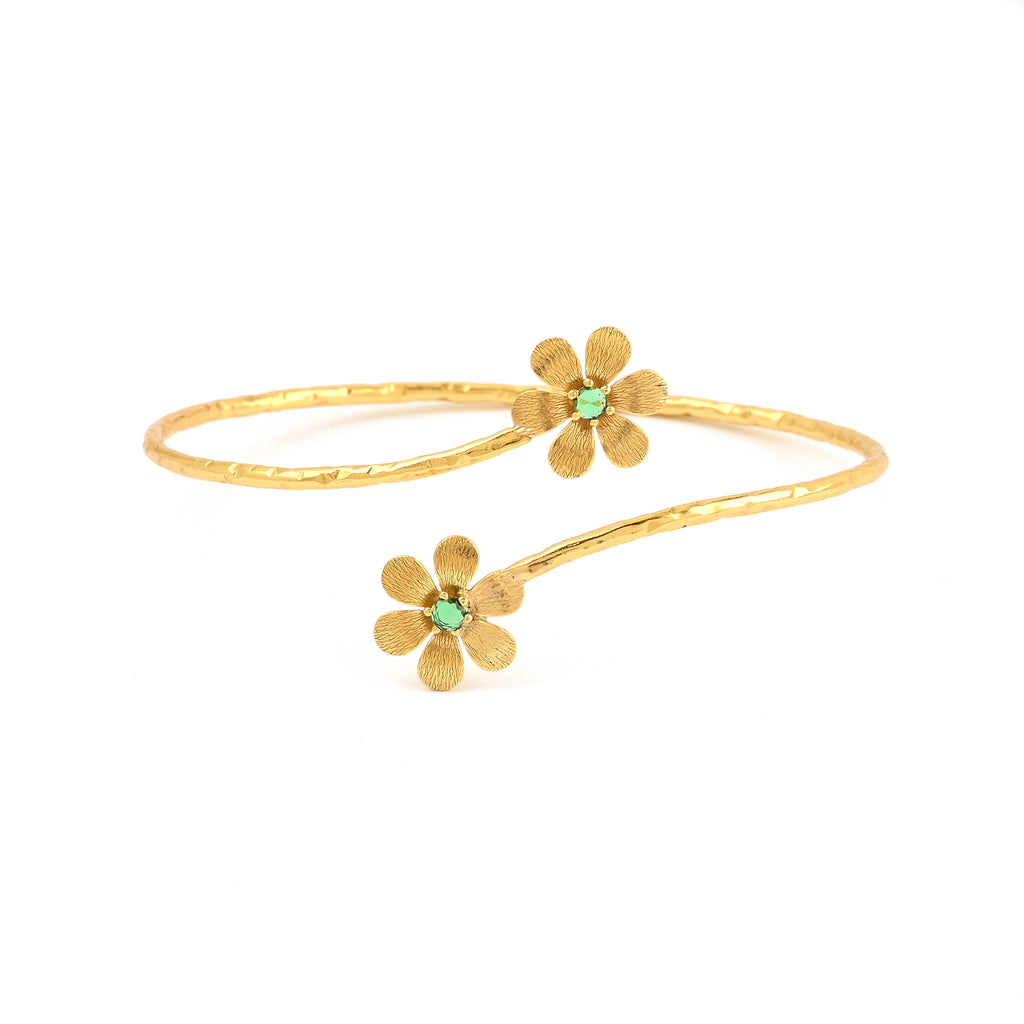 Gold Daisy Cuff Bracelet with Green CZ