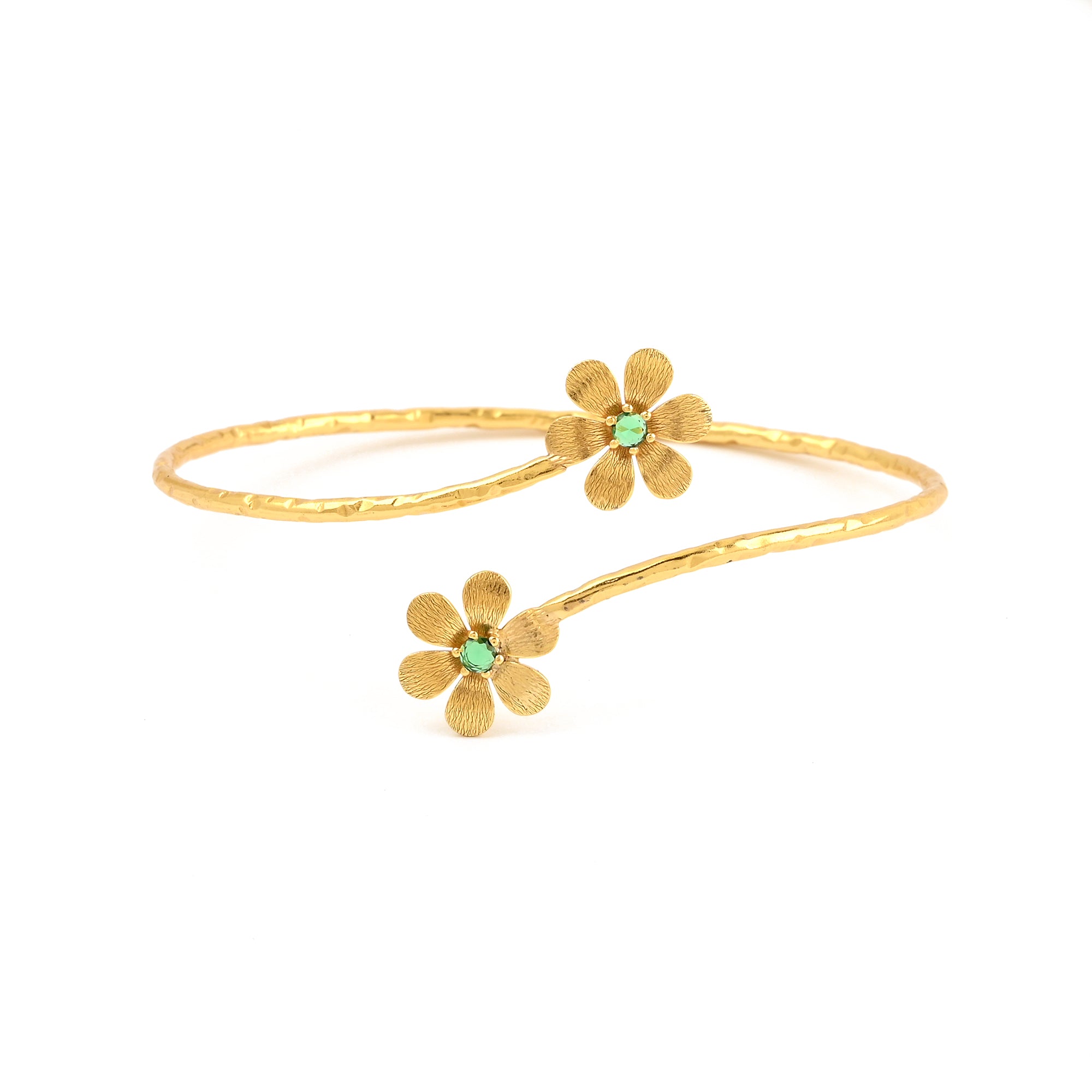 Gold Daisy Cuff Bracelet with Green CZ