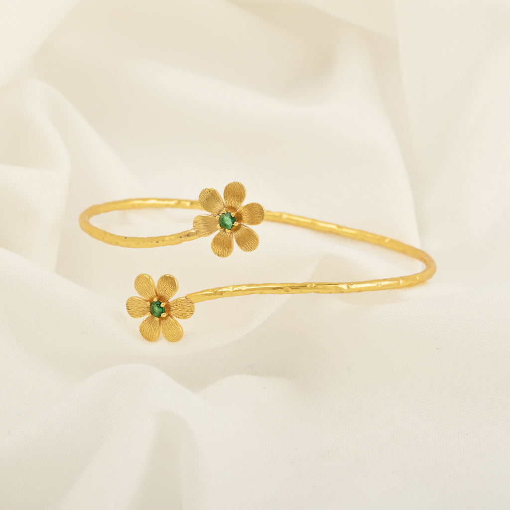 Gold Daisy Cuff Bracelet with Green CZ