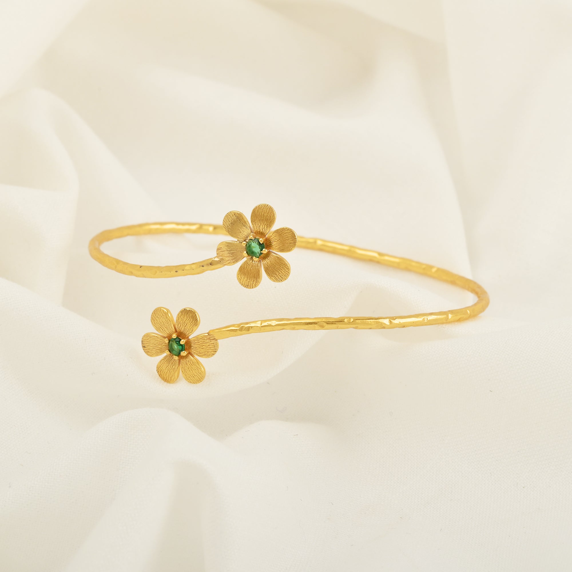 Gold Daisy Cuff Bracelet with Green CZ