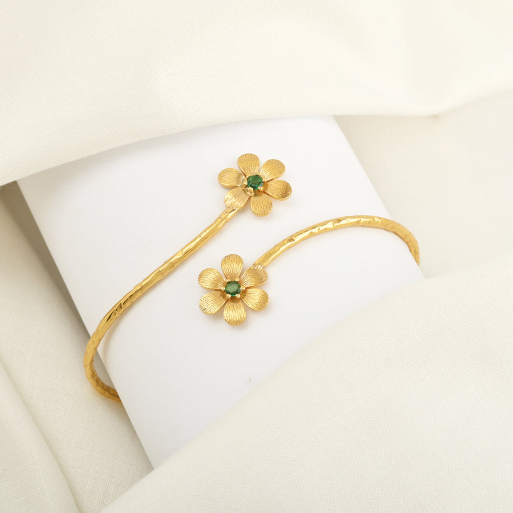 Gold Daisy Cuff Bracelet with Green CZ
