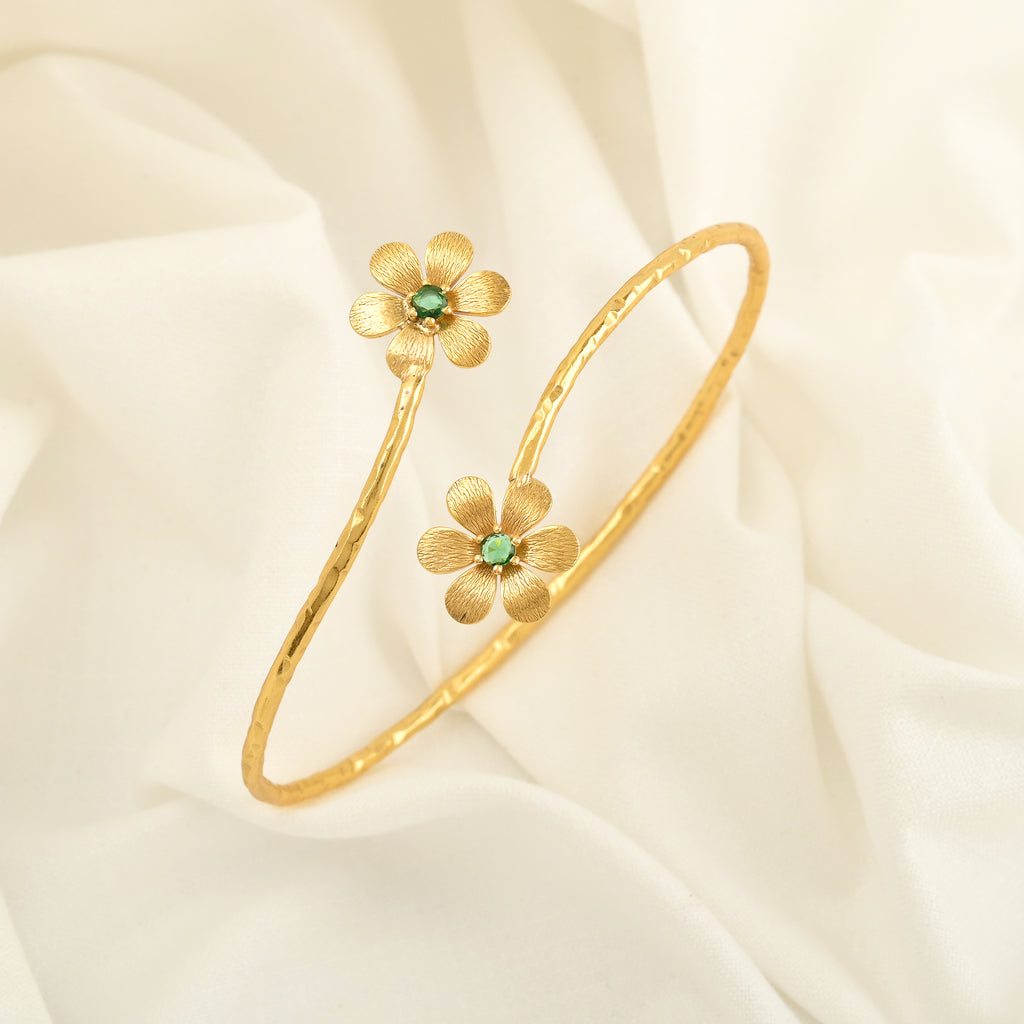 Gold Daisy Cuff Bracelet with Green CZ