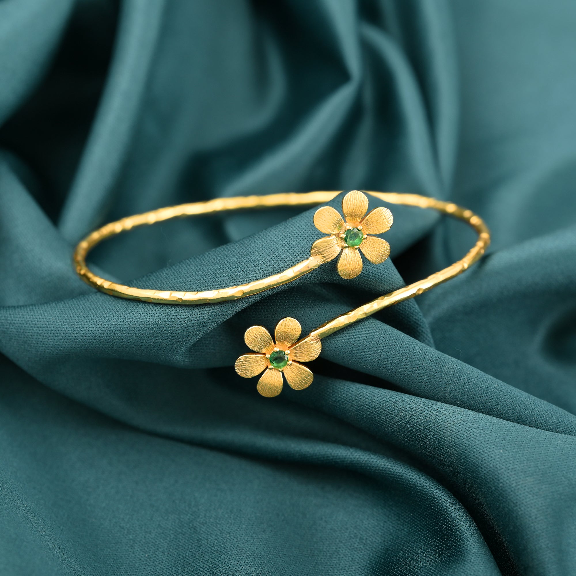 Gold Daisy Cuff Bracelet with Green CZ