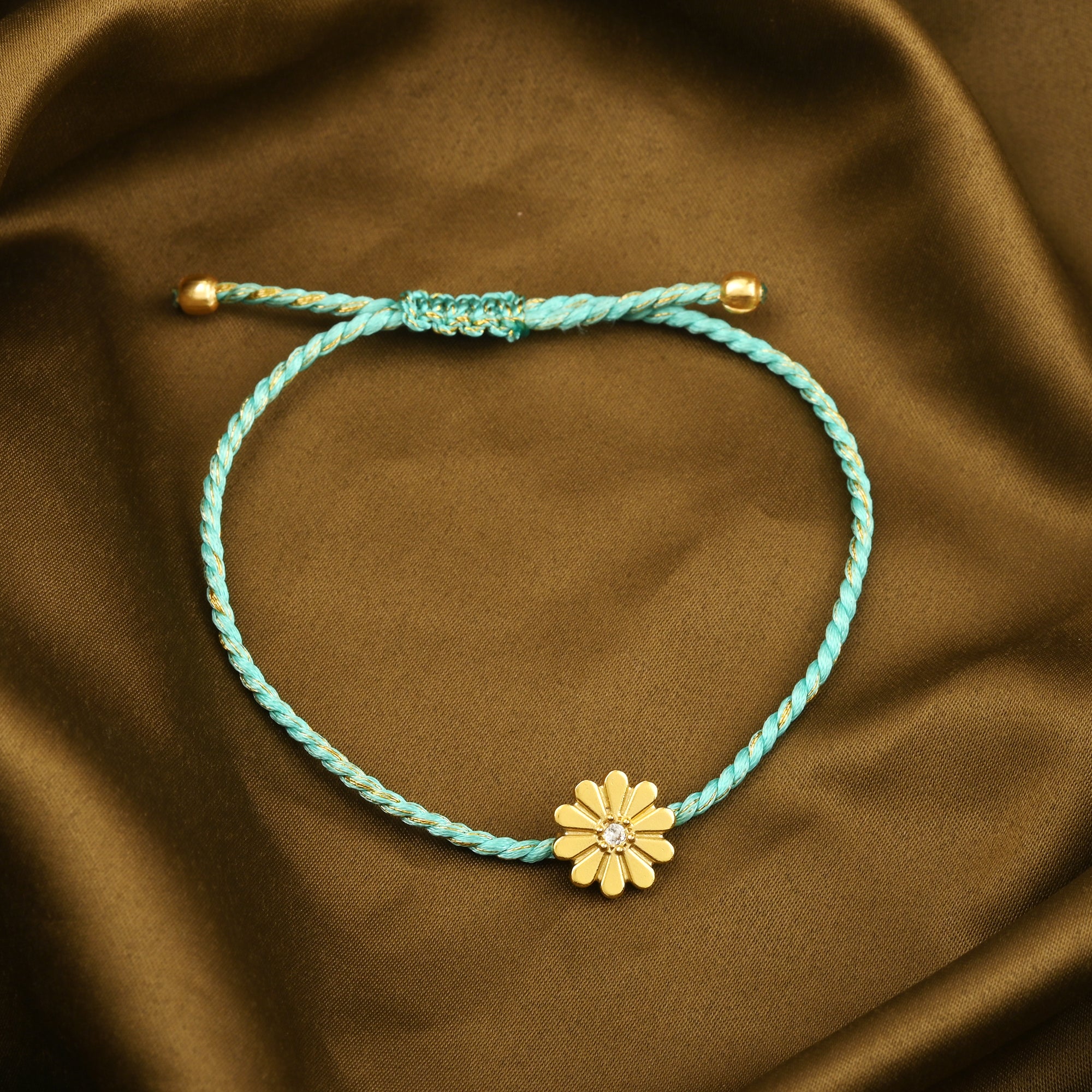 White CZ Gold Floral Bracelets with Blue Thread