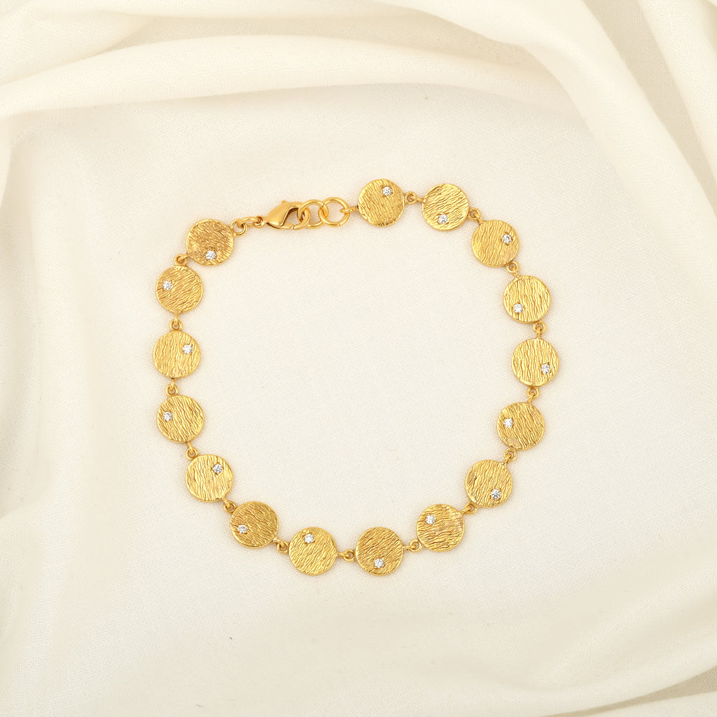 Gold-Plated Textured Disc Link Bracelet with Cubic Zirconia