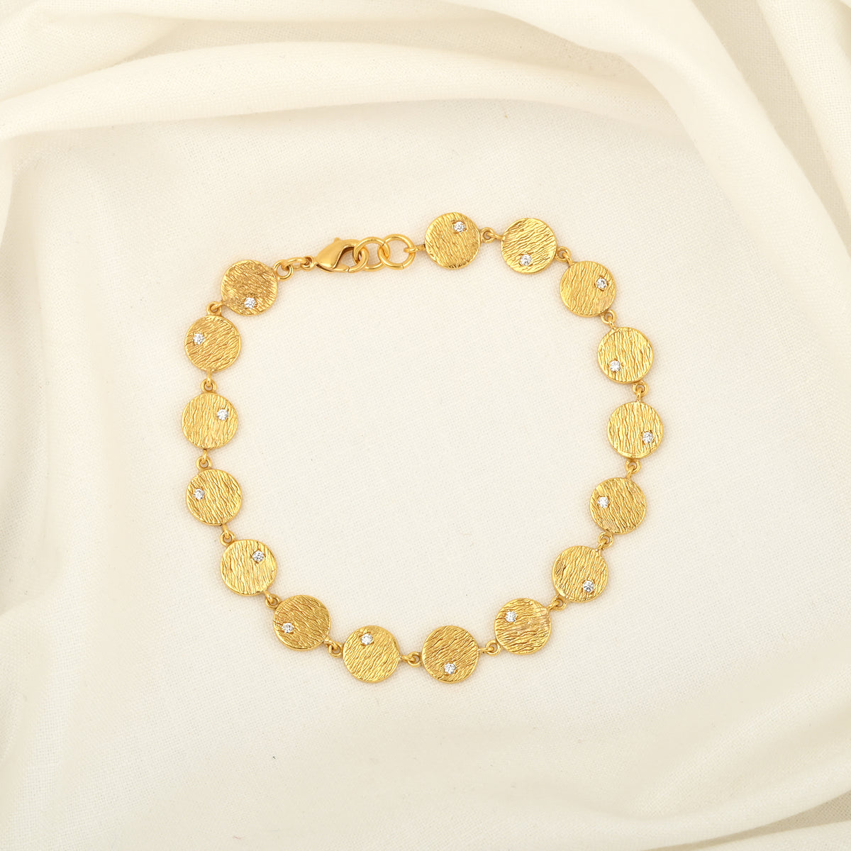 Gold-Plated Textured Disc Link Bracelet with Cubic Zirconia