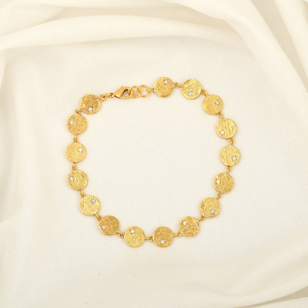 Gold-Plated Textured Disc Link Bracelet with Cubic Zirconia