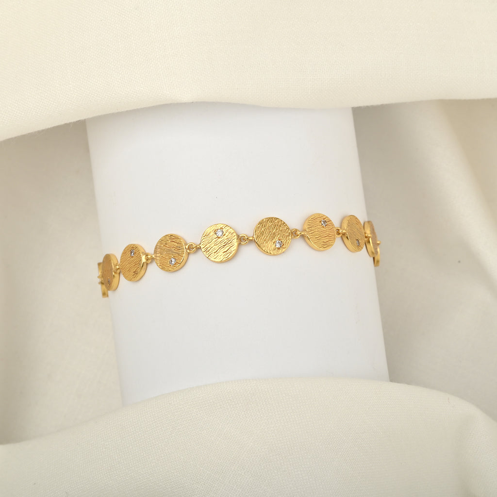 Gold-Plated Textured Disc Link Bracelet with Cubic Zirconia