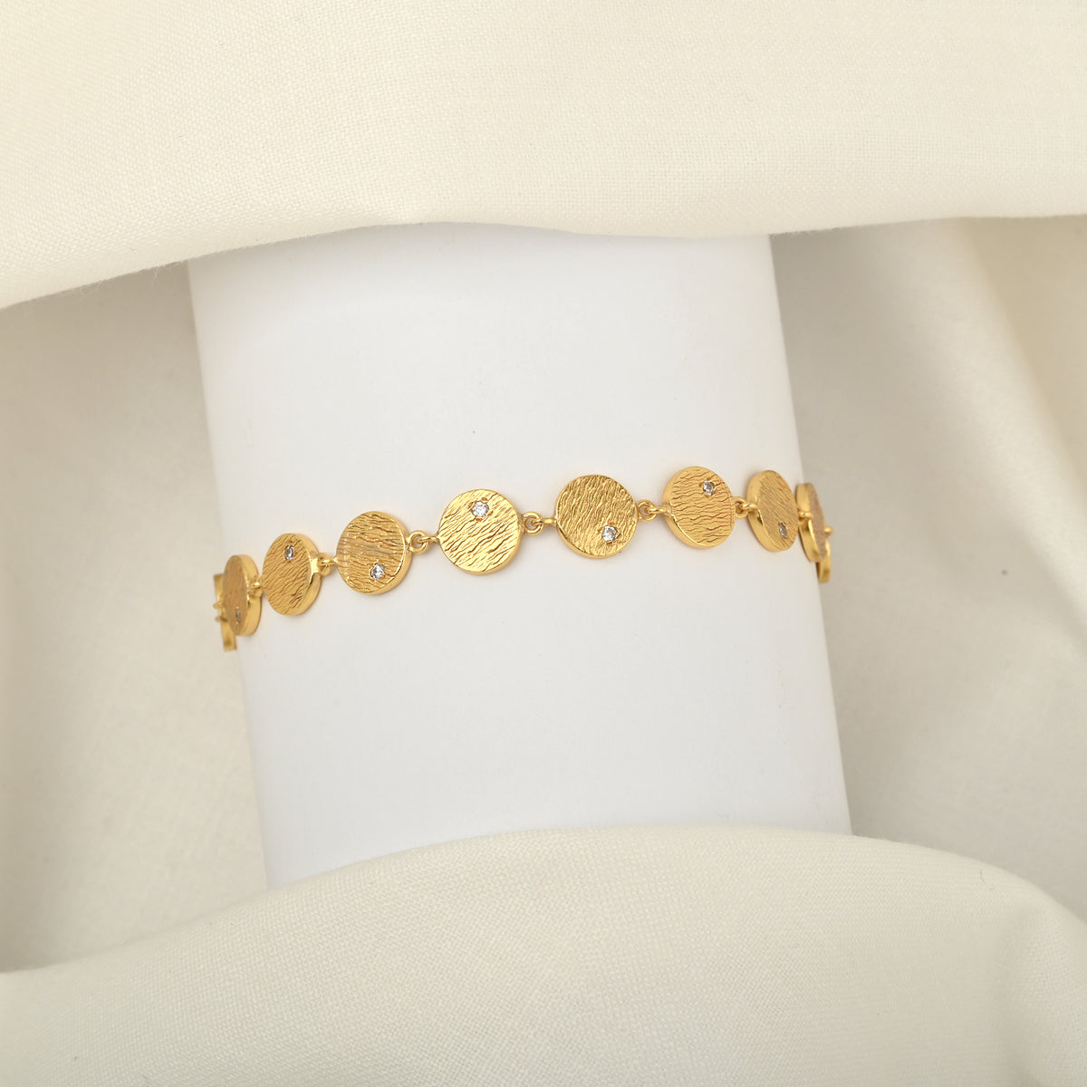 Gold-Plated Textured Disc Link Bracelet with Cubic Zirconia