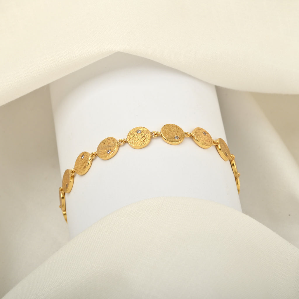 Gold-Plated Textured Disc Link Bracelet with Cubic Zirconia