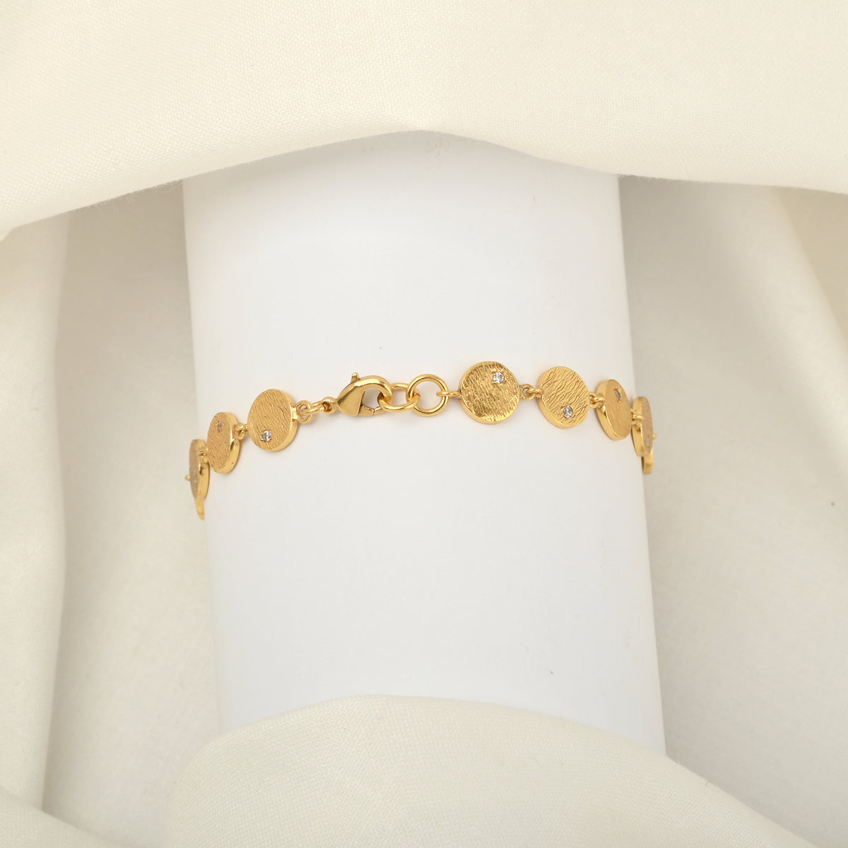 Gold-Plated Textured Disc Link Bracelet with Cubic Zirconia