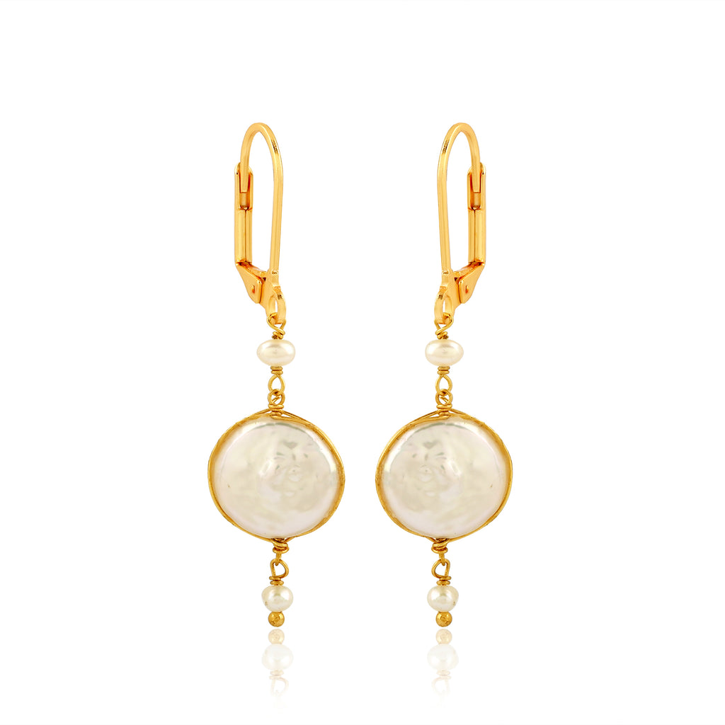 Golden Pearl Drop Earrings – Elegant Mother of Pearl Dangle Earrings