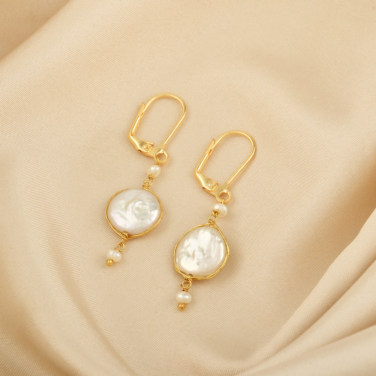 Golden Pearl Drop Earrings – Elegant Mother of Pearl Dangle Earrings