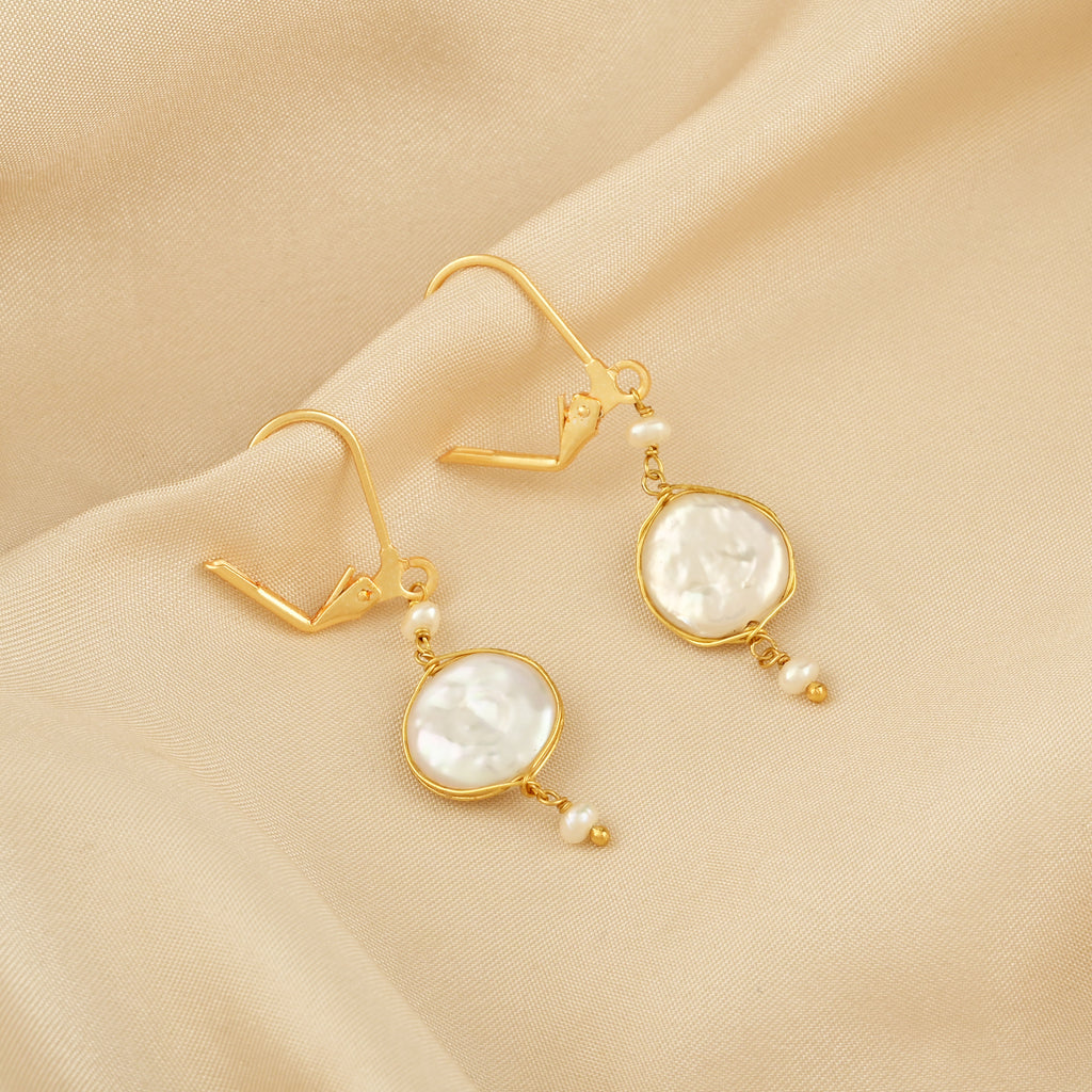 Golden Pearl Drop Earrings – Elegant Mother of Pearl Dangle Earrings