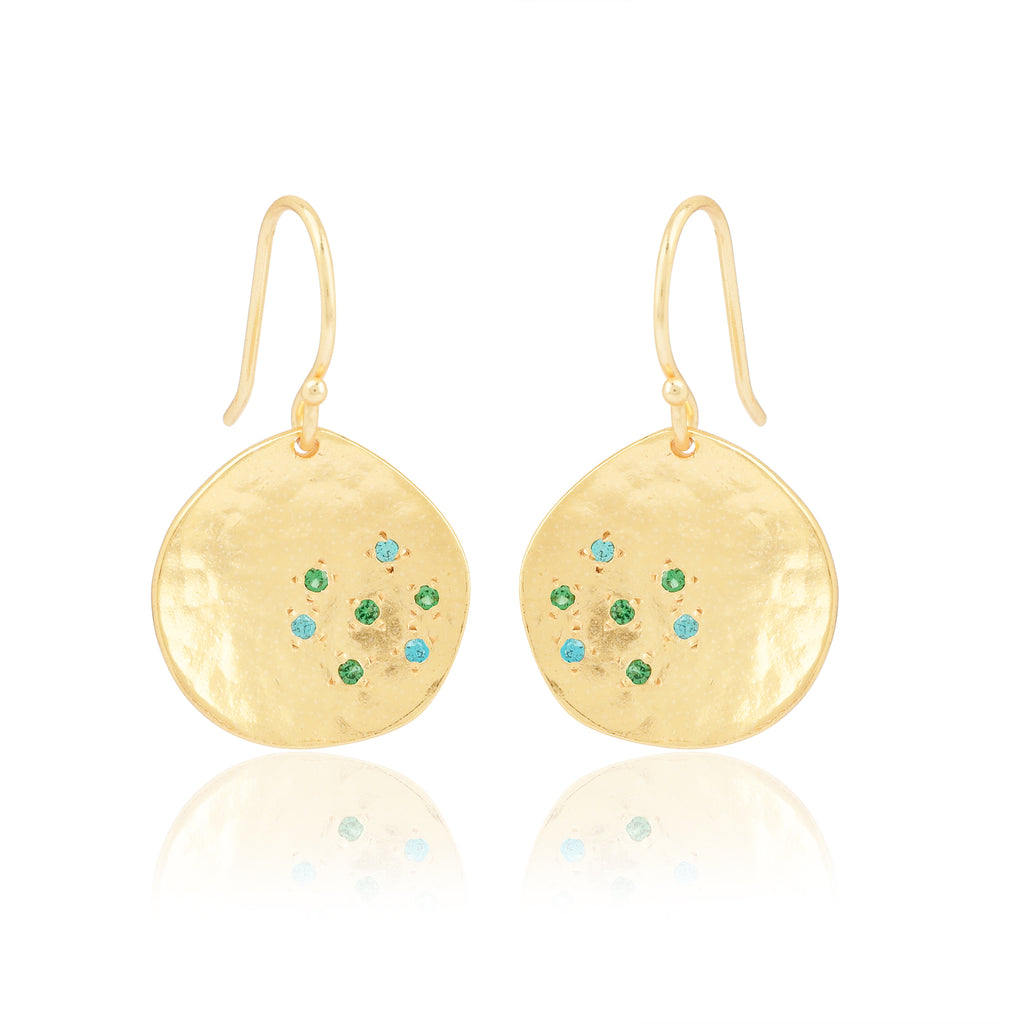 Golden Disc Drop Earrings with Blue & Green CZ Accents