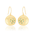 Golden Disc Drop Earrings with Blue & Green CZ Accents
