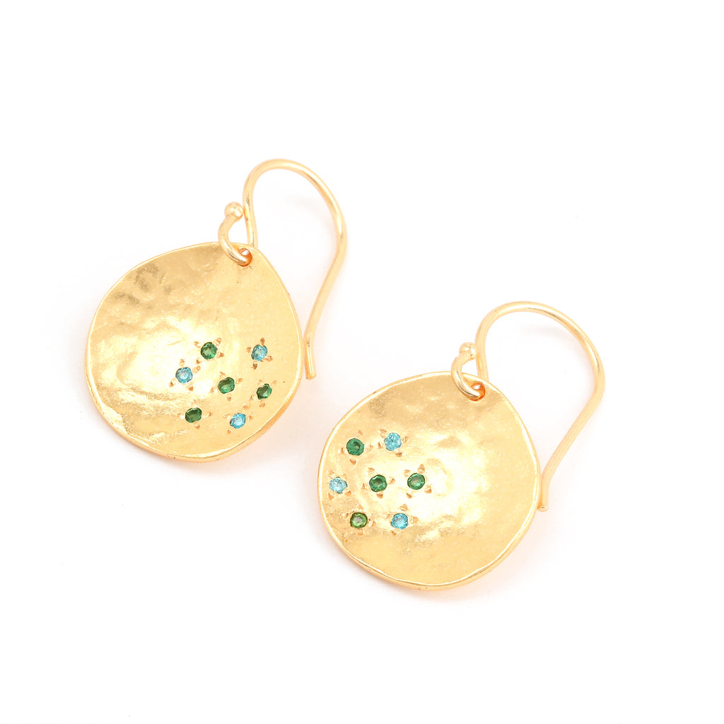 Golden Disc Drop Earrings with Blue & Green CZ Accents