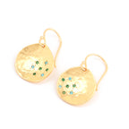 Golden Disc Drop Earrings with Blue & Green CZ Accents