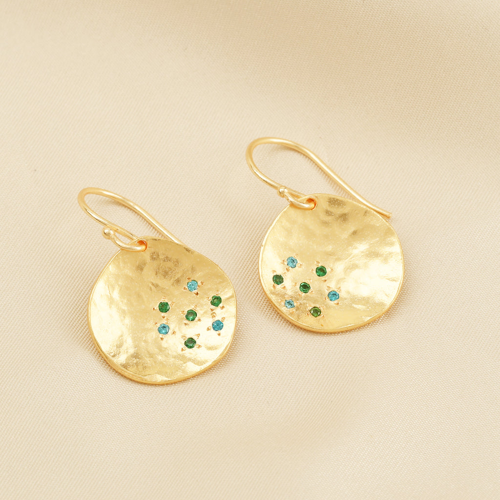 Golden Disc Drop Earrings with Blue & Green CZ Accents