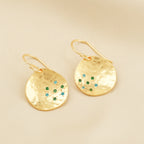 Golden Disc Drop Earrings with Blue & Green CZ Accents