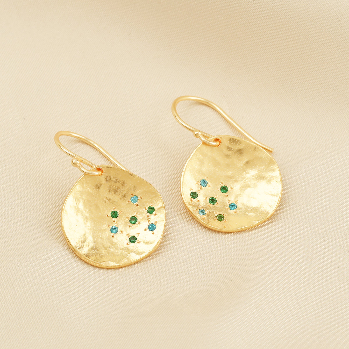 Golden Disc Drop Earrings with Blue & Green CZ Accents