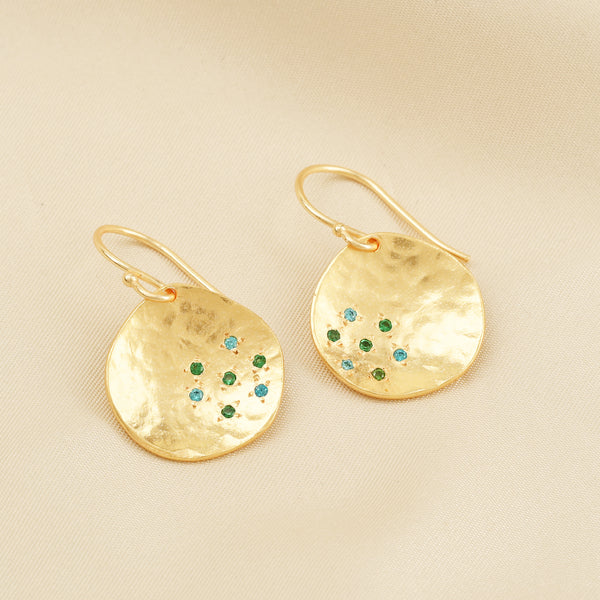 Golden Disc Drop Earrings with Blue & Green CZ Accents