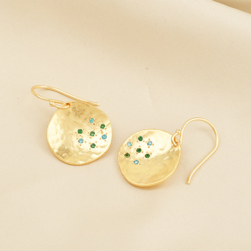 Golden Disc Drop Earrings with Blue & Green CZ Accents