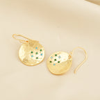 Golden Disc Drop Earrings with Blue & Green CZ Accents